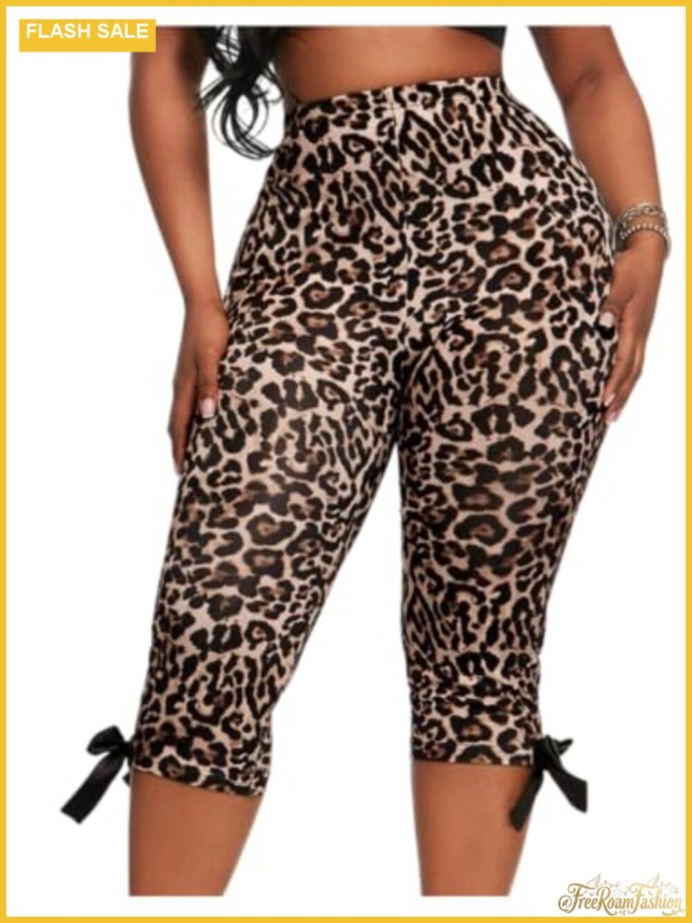 Plus Size Leopard Print High Waisted Capri Leggings Stretchy Bow Y2K